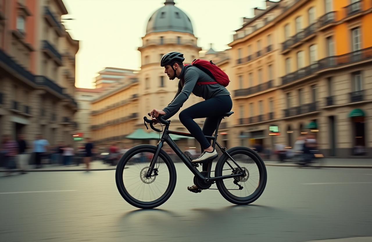 Ciclista urbano circulando cerca de la estación de Atocha en Madrid